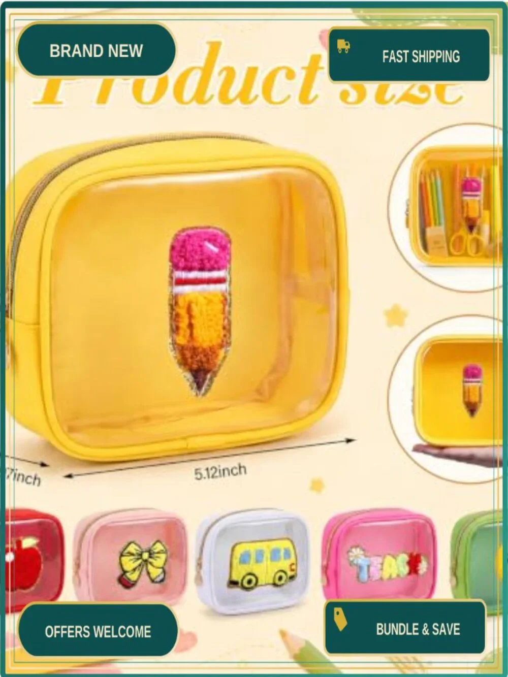 Back to School Embroidery Pencil Pouch Set of 6 Waterproof PVC Clear Cosmetic